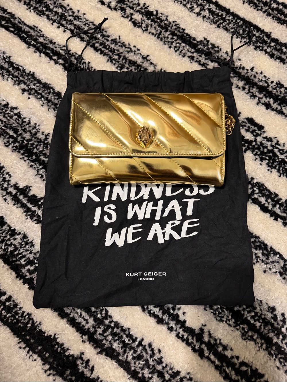 Kurt Geiger Metallic Gold Quilted Clutch with Chain